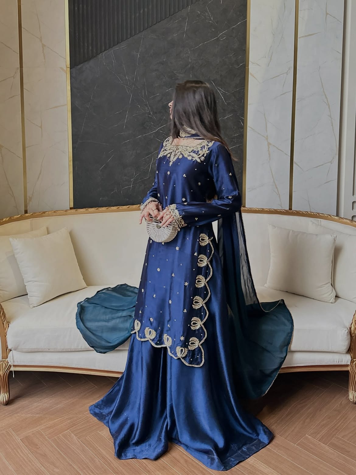Midnight Blue Embroidered Luxury Maxi Dress with Chiffon Dupatta