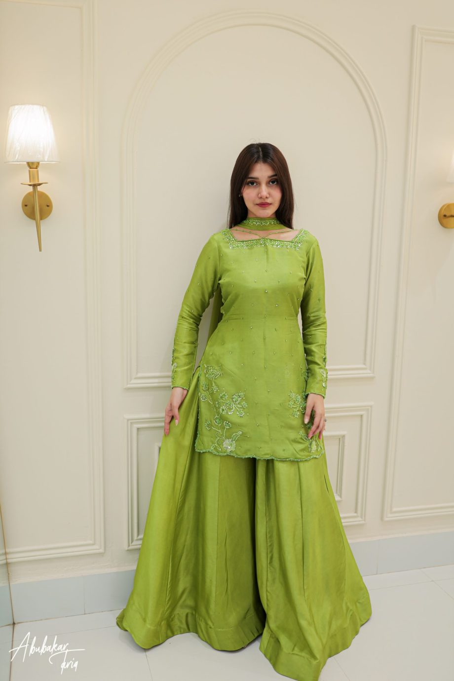 Lime Green Embroidered Pishwas