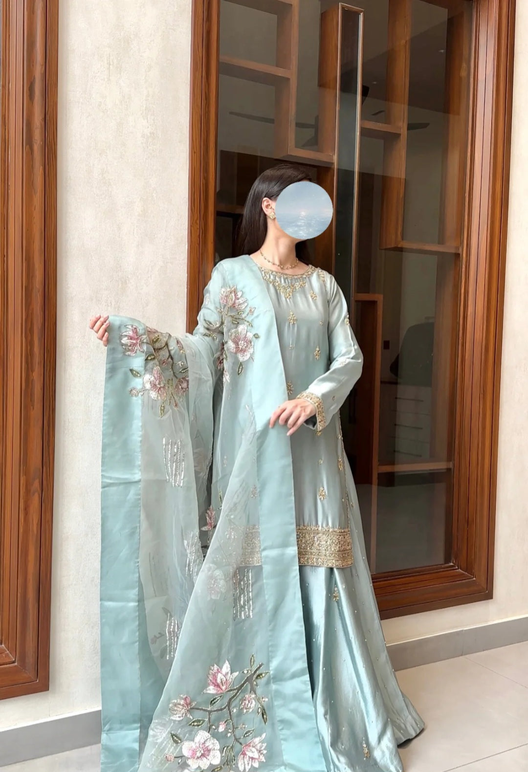 Mint Mist Floral Embroidered Luxury Silk Suit with Organza Dupatta