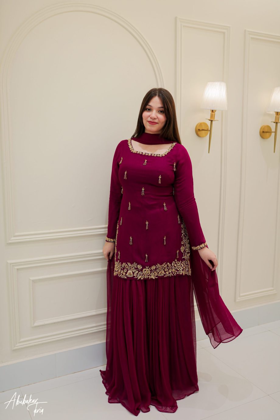 Maroon Embroidered Chiffon Maxi