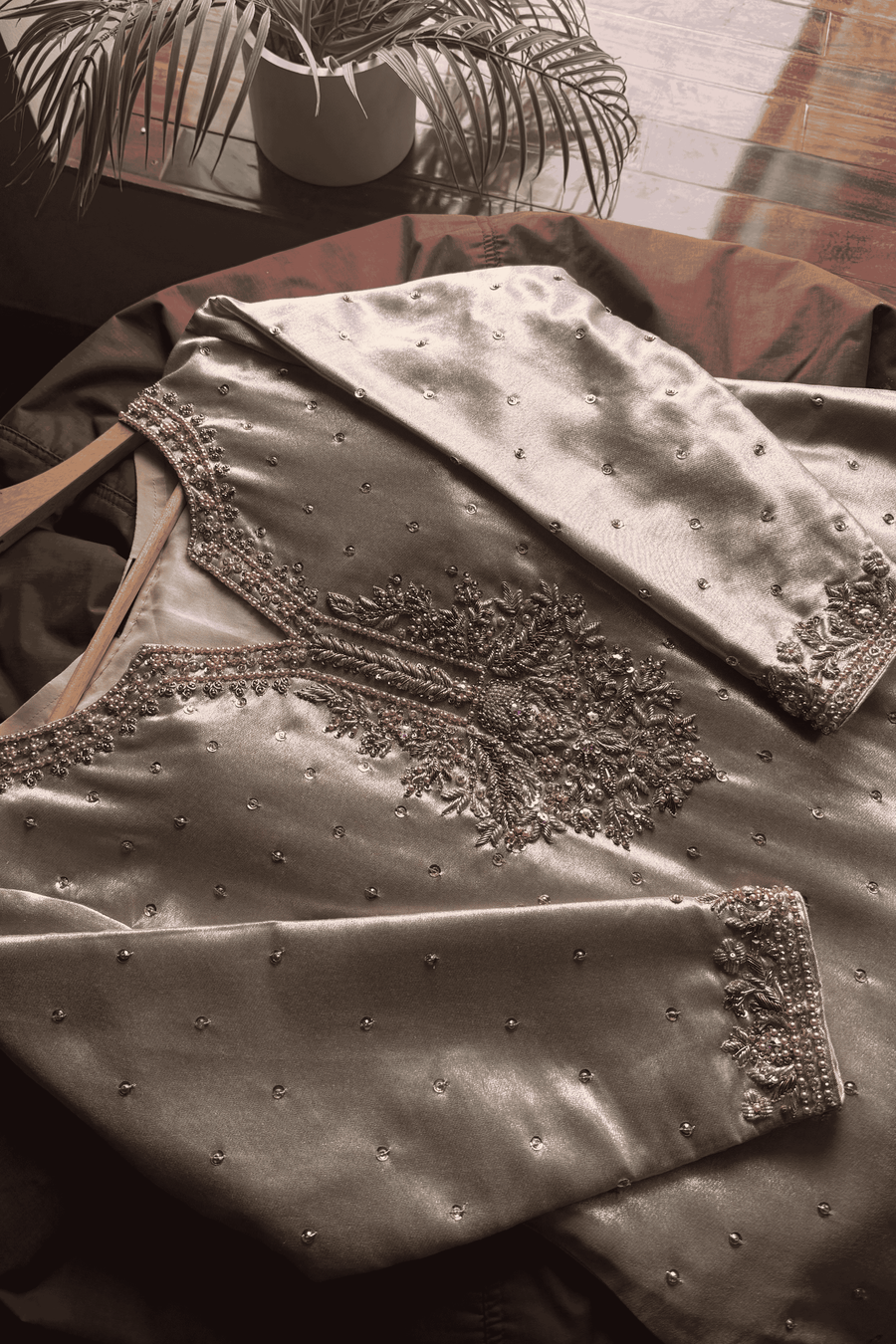 Luxury Champagne Embroidered Silk Pret – Handcrafted Elegance