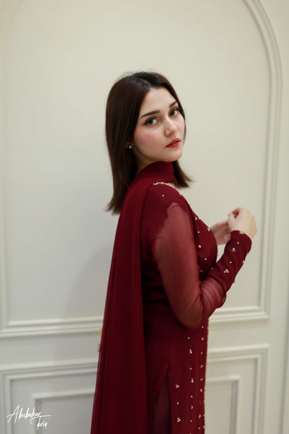 Elegant Maroon Embellished Maxi Dress with Chiffon Dupatta – Formal Party Wear for Women
