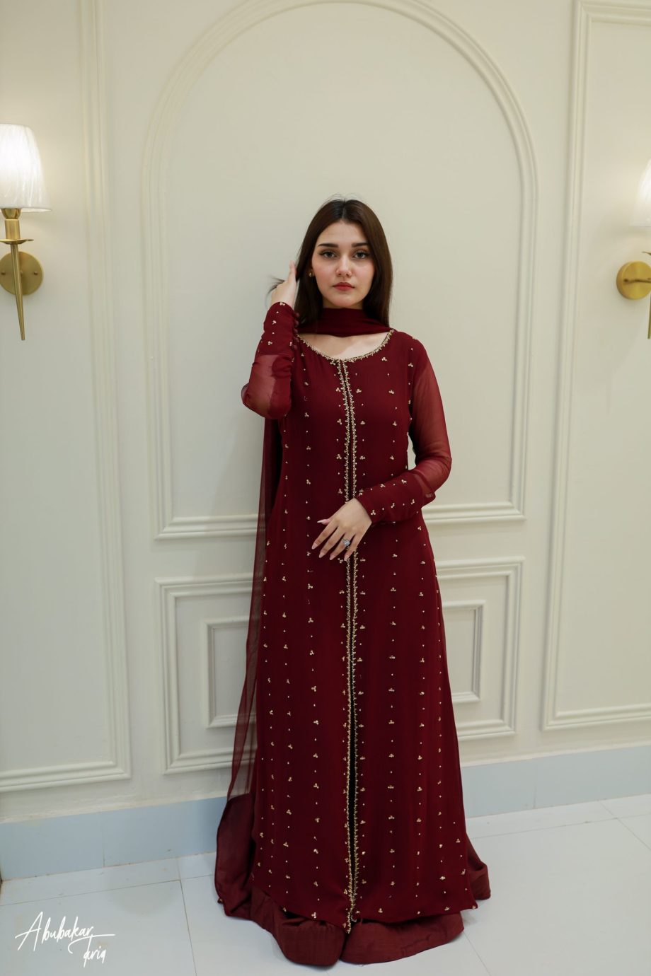 Elegant Maroon Embellished Maxi Dress with Chiffon Dupatta – Formal Party Wear for Women
