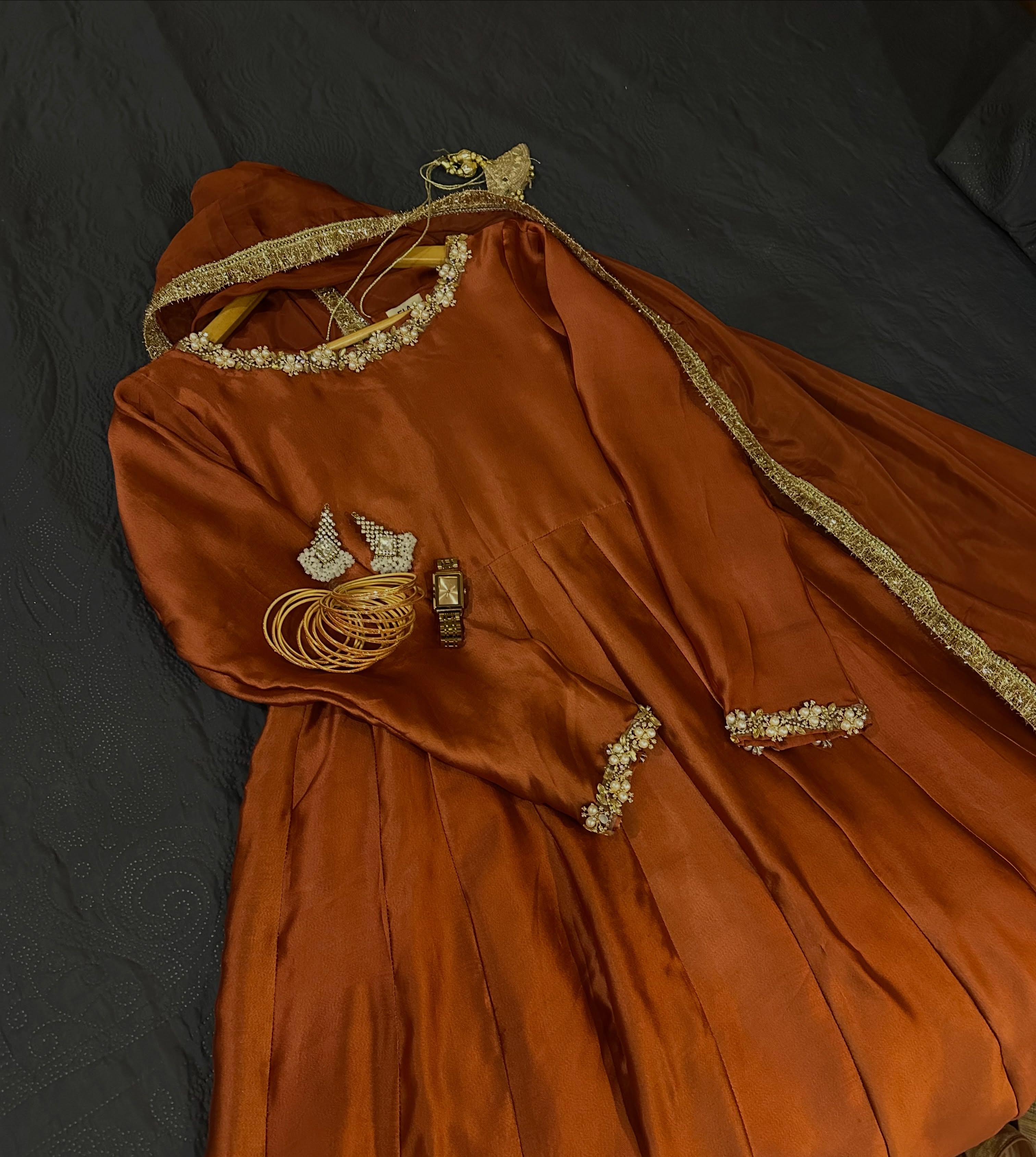 Rust Elegance Embellished Maxi Dress with Matching Dupatta