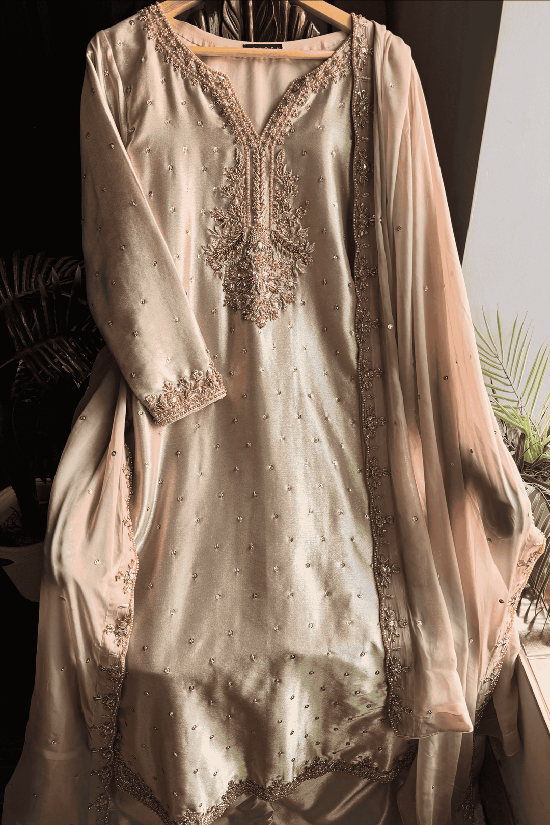 Luxury Champagne Embroidered Silk Pret – Handcrafted Elegance