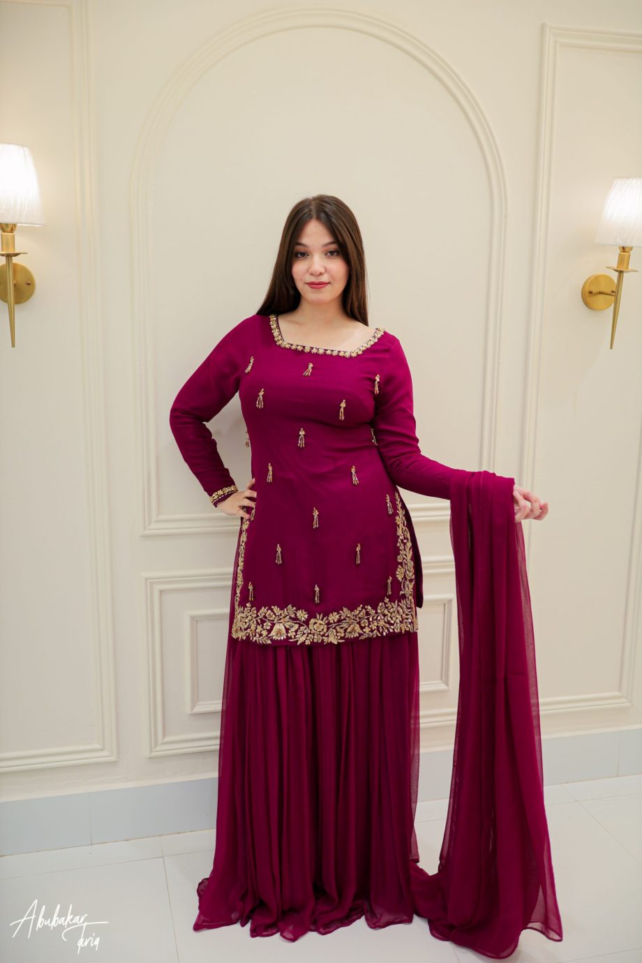 Maroon Embroidered Chiffon Maxi