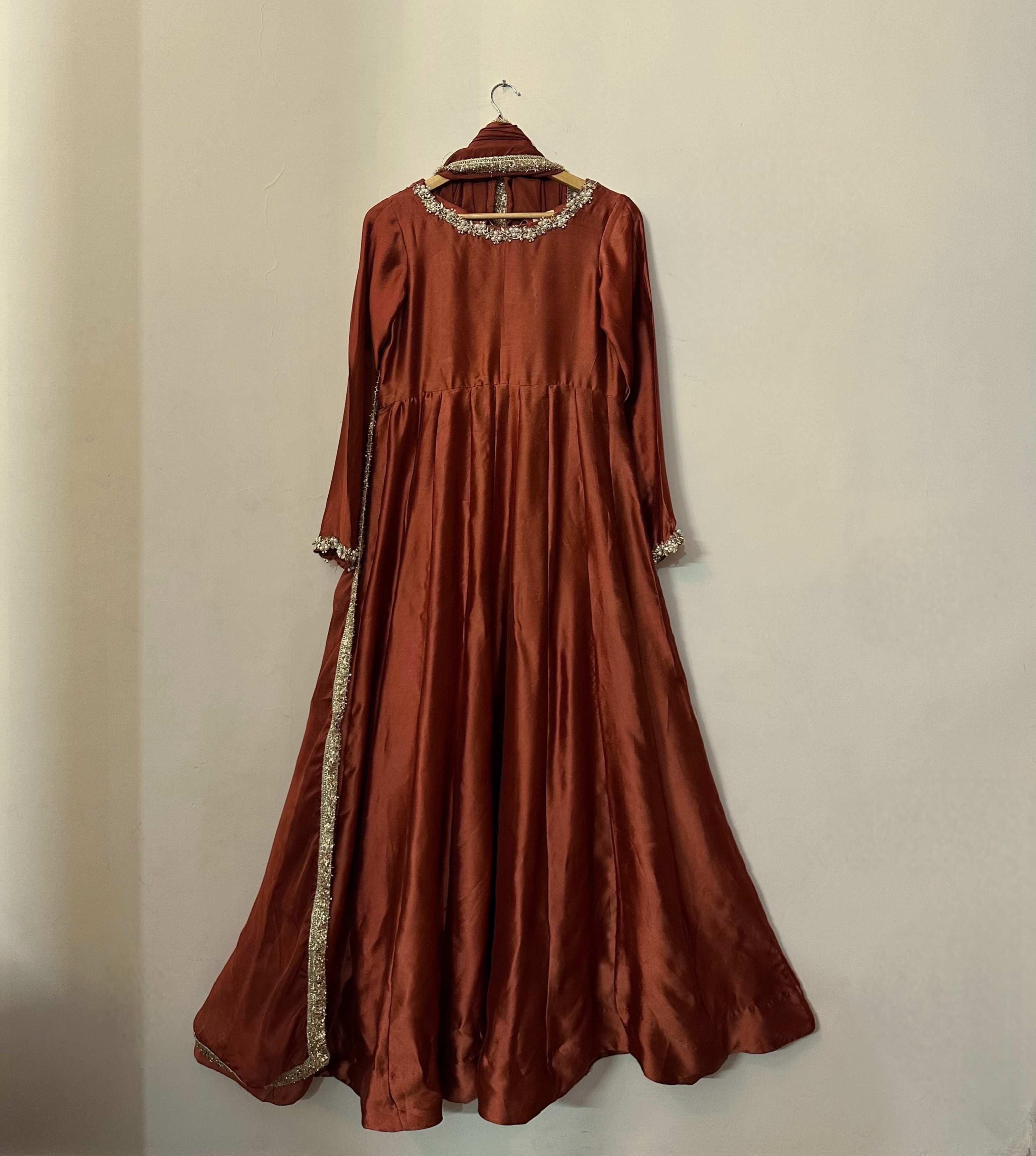 Rust Elegance Embellished Maxi Dress with Matching Dupatta