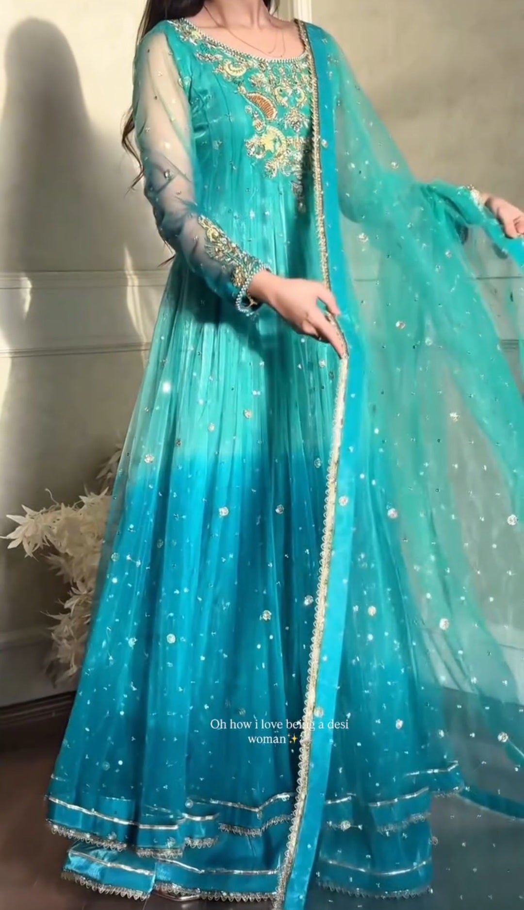 Luxury Teal Embroidered Maxi Dress with Net Dupatta | Party Wear Formal Dress