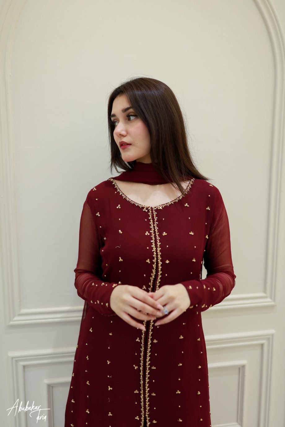 Elegant Maroon Embellished Maxi Dress with Chiffon Dupatta – Formal Party Wear for Women