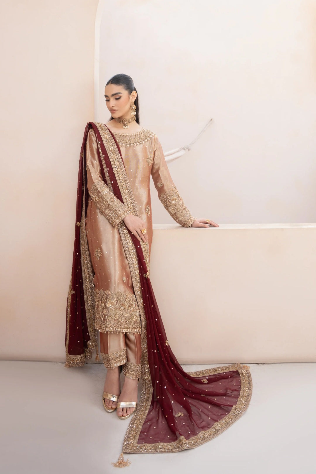 Maroon & Champagne Embroidered Formal Suit ✨