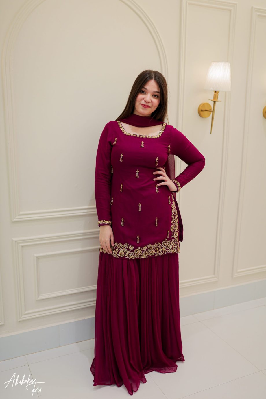 Maroon Embroidered Chiffon Maxi