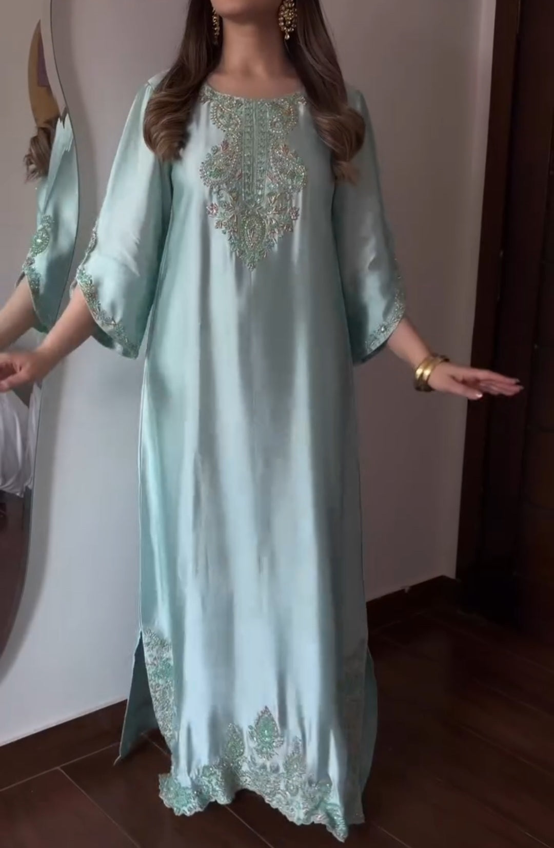 Elegant Mint Green Embroidered Maxi Dress
