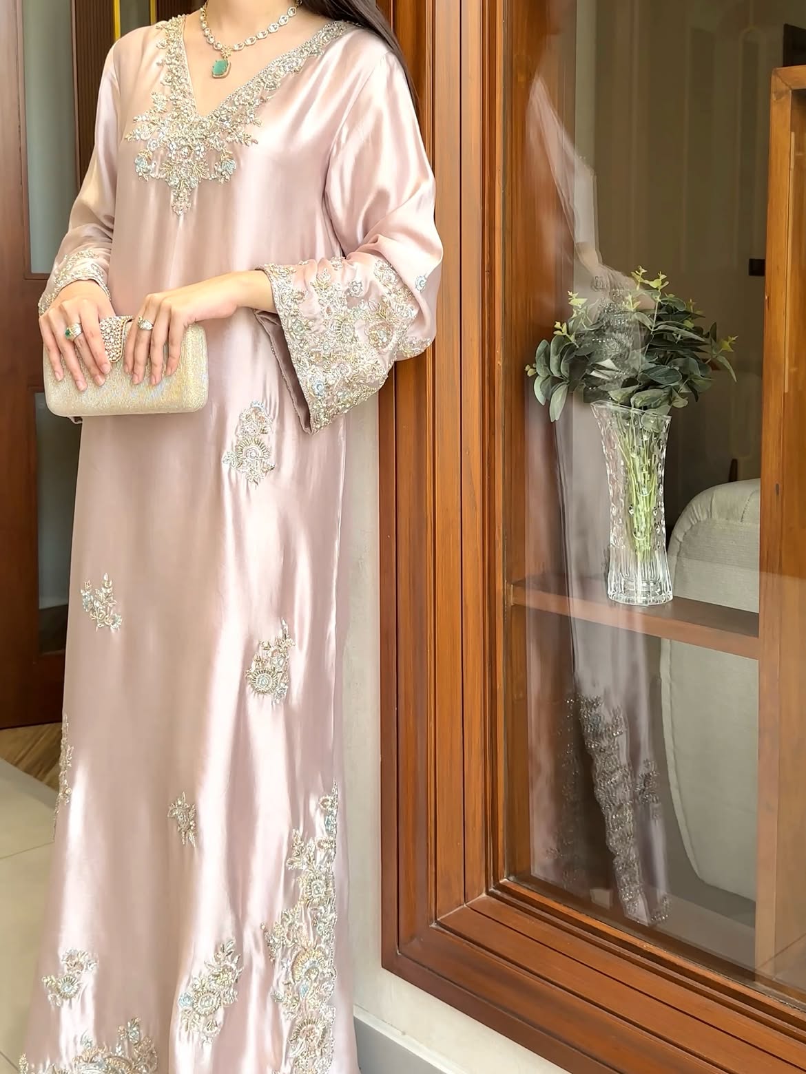 Elegant Pastel Pink Embroidered Maxi